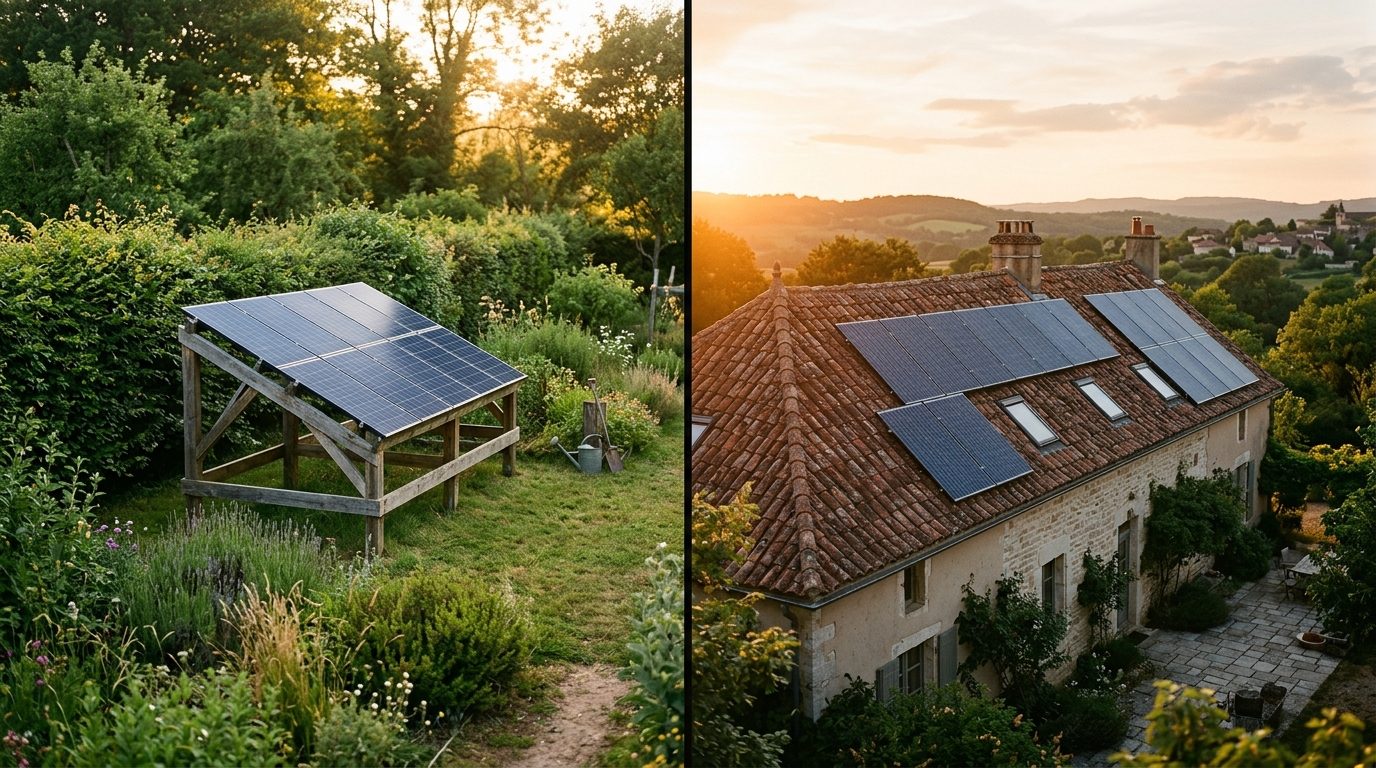 Comparatif visuel installation solaire au sol versus installation sur toiture