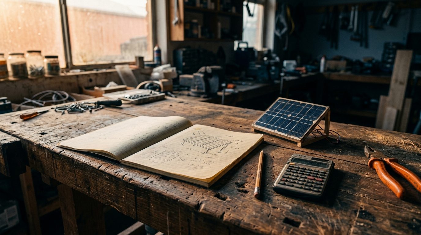 Carnet de notes avec schéma de dimensionnement solaire, calculatrice et petit panneau de démonstration