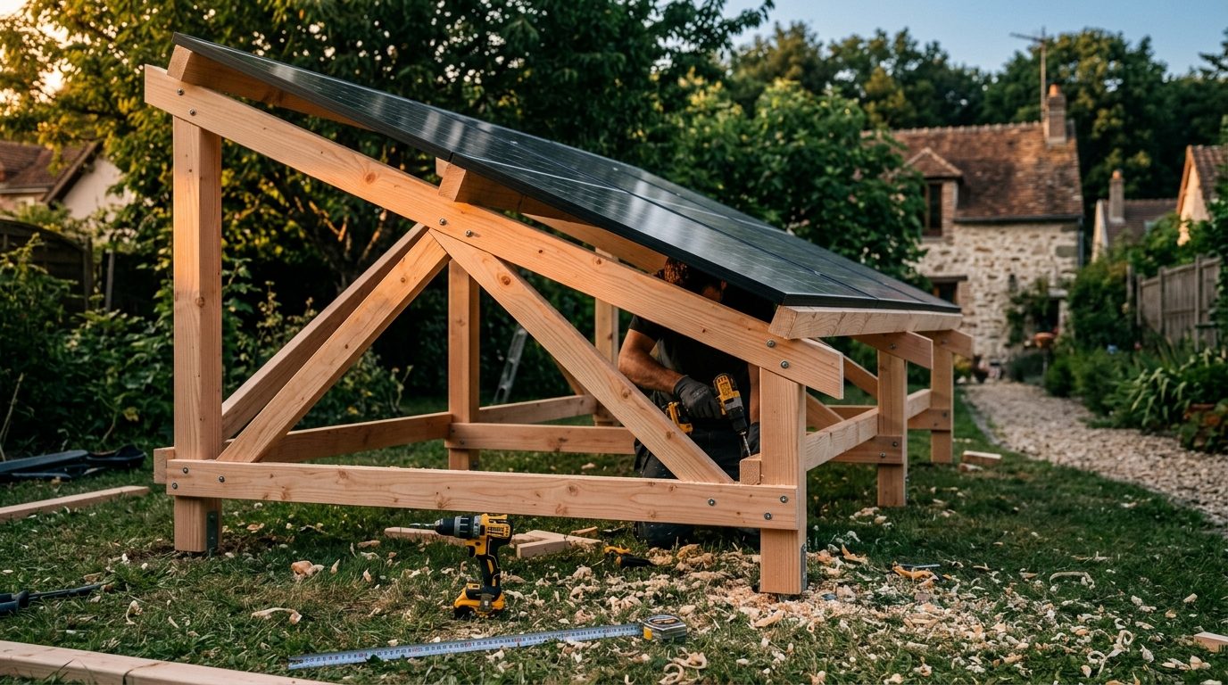 Support solaire bois fabriqué dans un jardin avec outils et matériaux