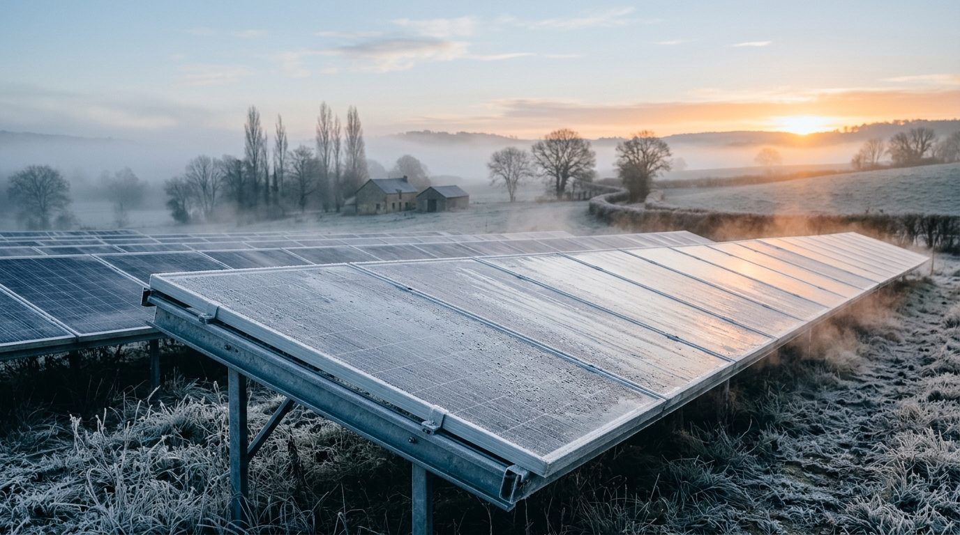 Panneaux solaires recouverts de givre au lever de soleil dans la campagne française